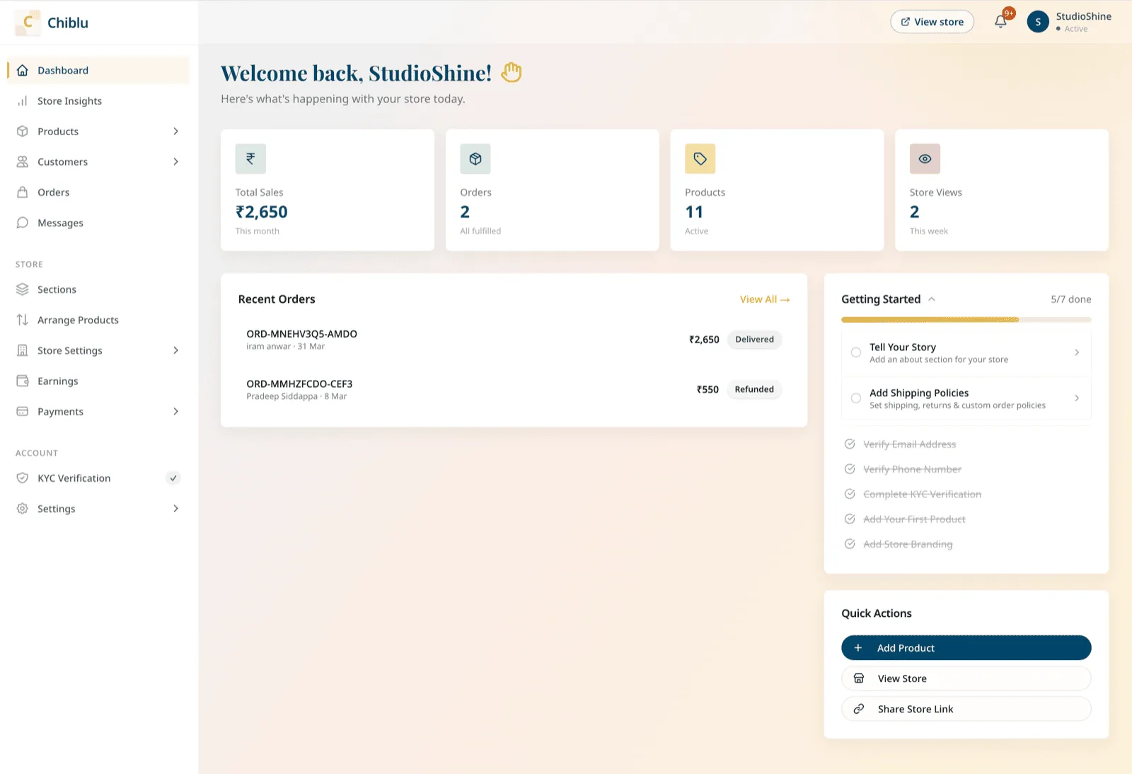 Seller dashboard