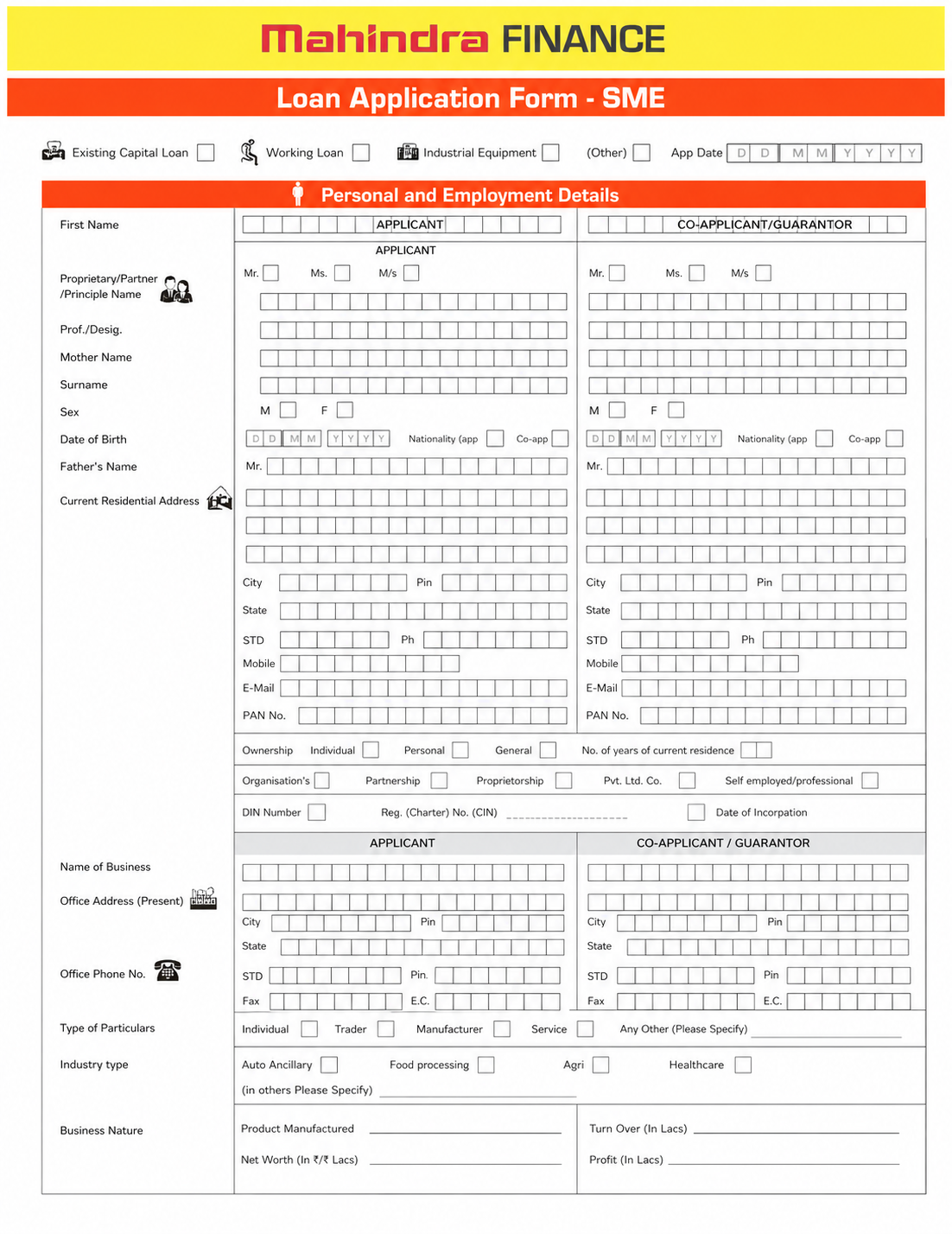 Mahindra Finance Loan Application Form for SME - the original paper form
