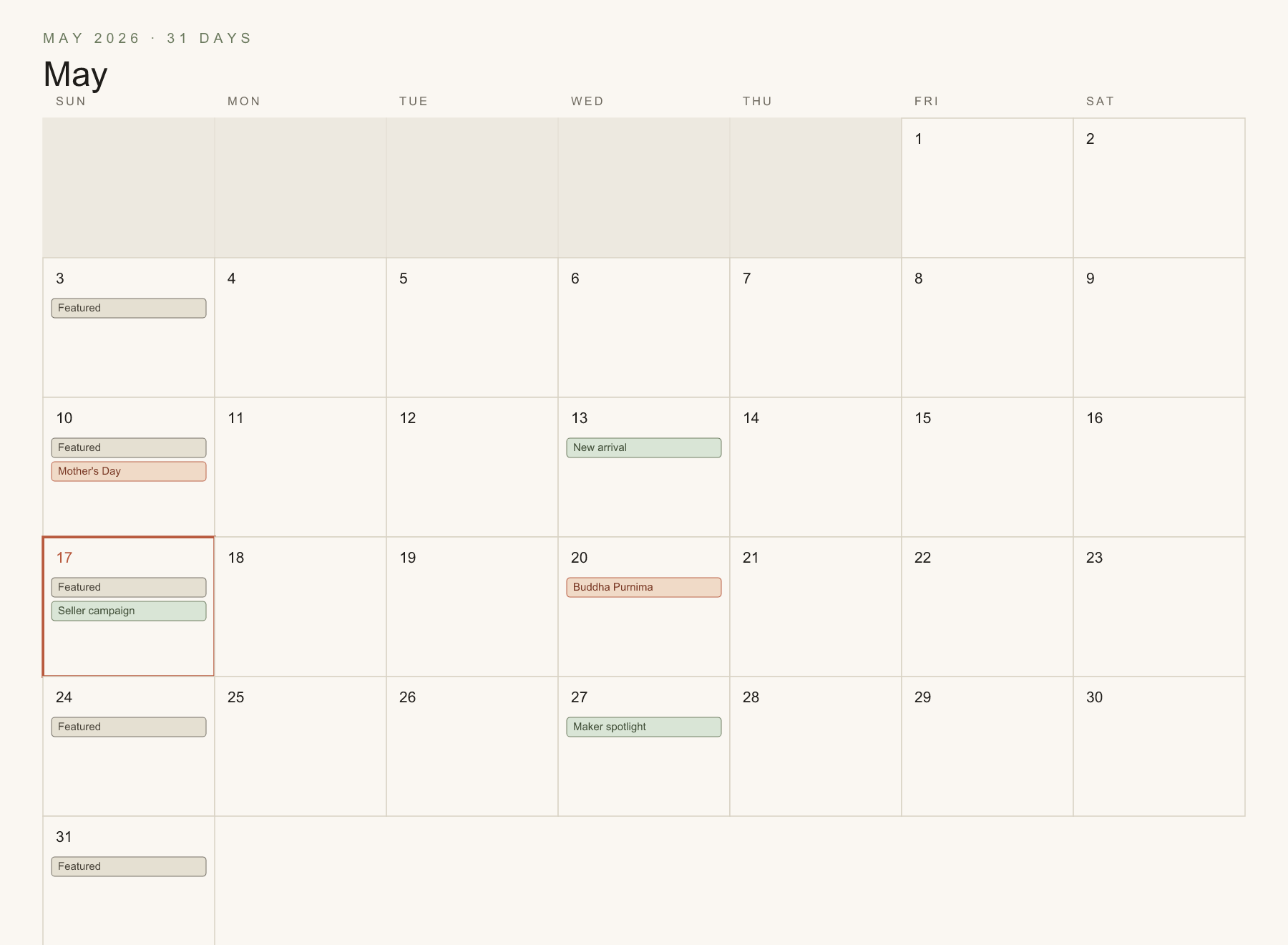 Month grid showing chips on multiple days — festivals in terracotta, recurring posts in muted gold, pre-generated drafts in sage