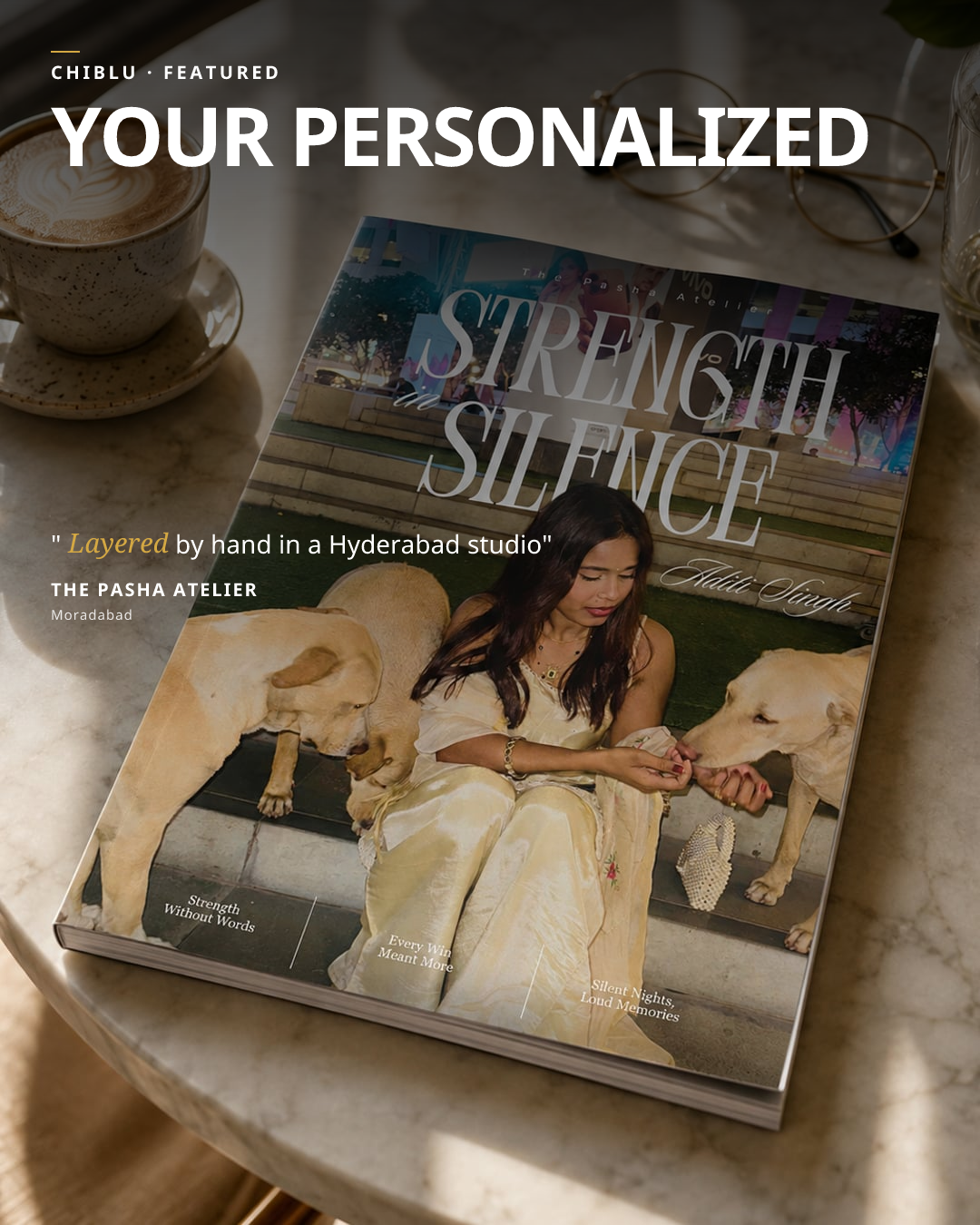 Magazine Cover layout — full-bleed product photo with editorial typography overlay