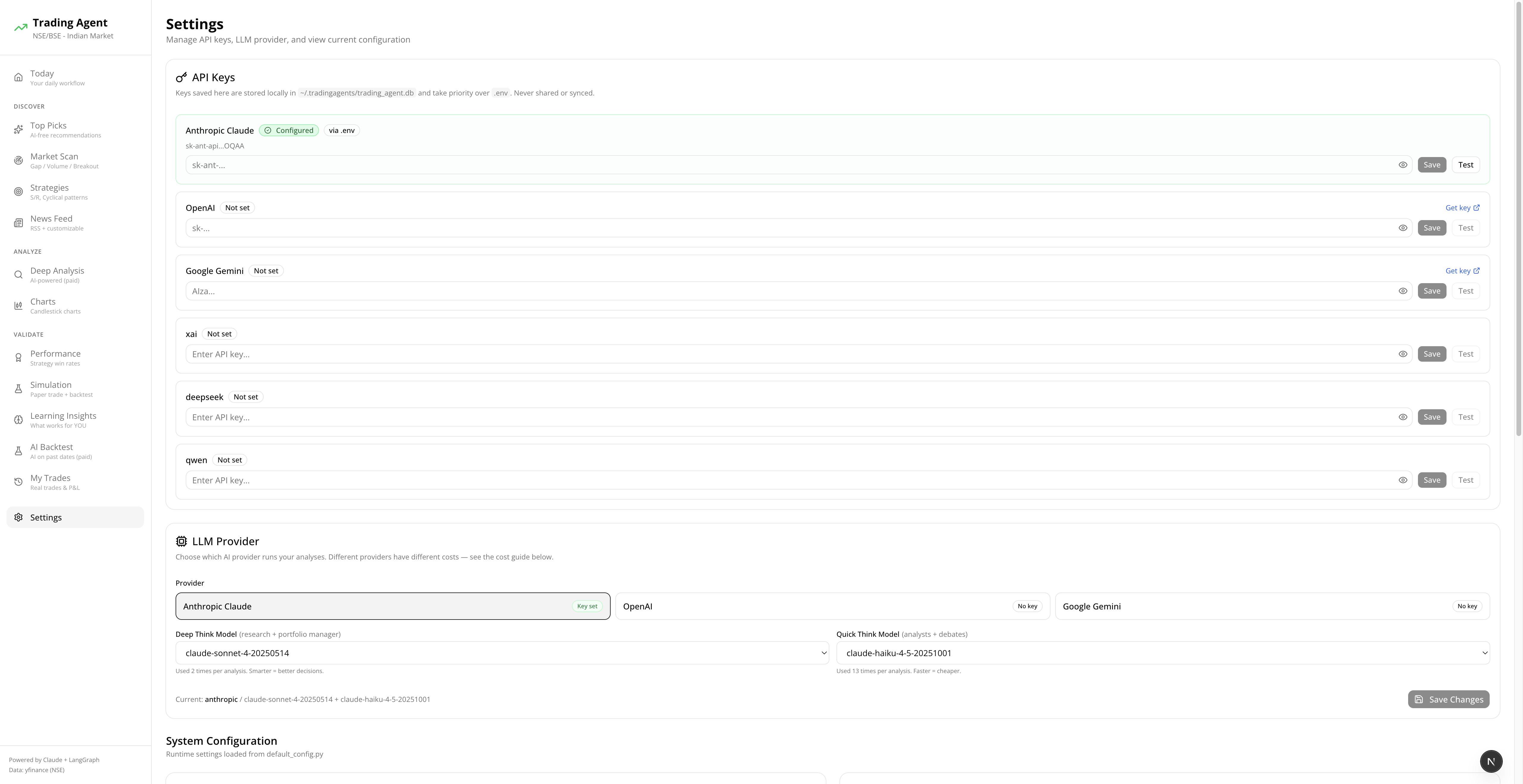 Settings - six API provider cards with Save and Test buttons, LLM Provider switcher, Deep Think and Quick Think model selectors