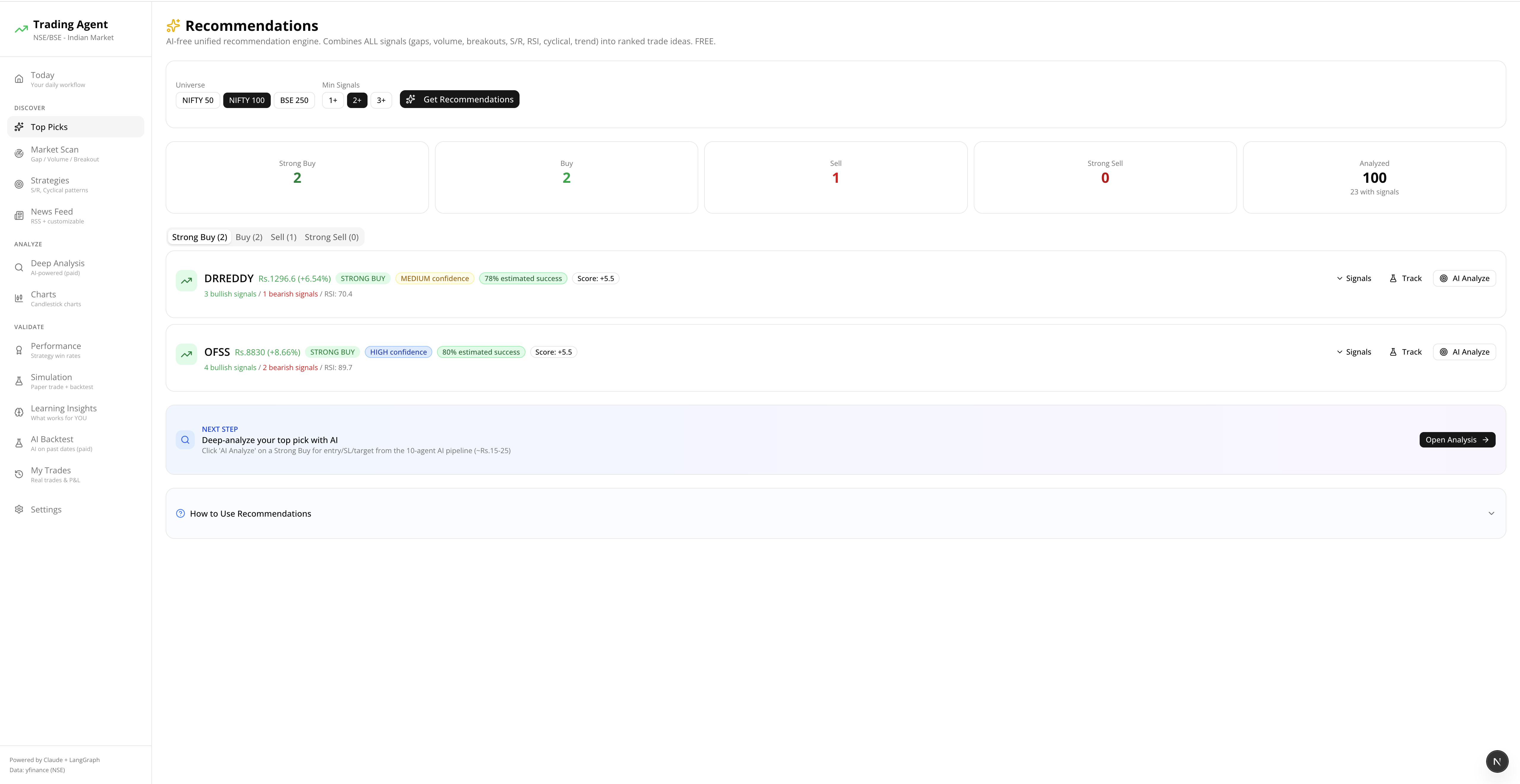 Top Picks - AI-free unified recommendations with signal counts, confidence, and track/analyze actions