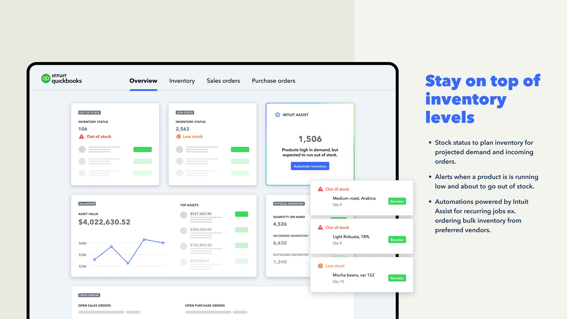 Inventory — stock levels, low-stock alerts, and automated reorder