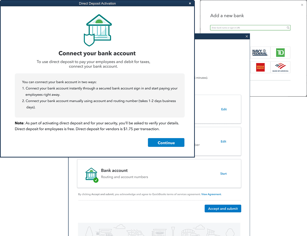 Connecting a bank account, instantly or manually