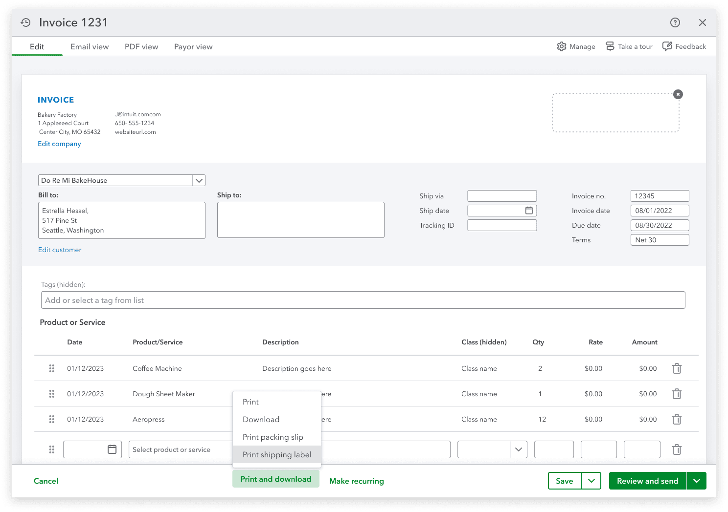 Invoice editor with integrated print-and-ship