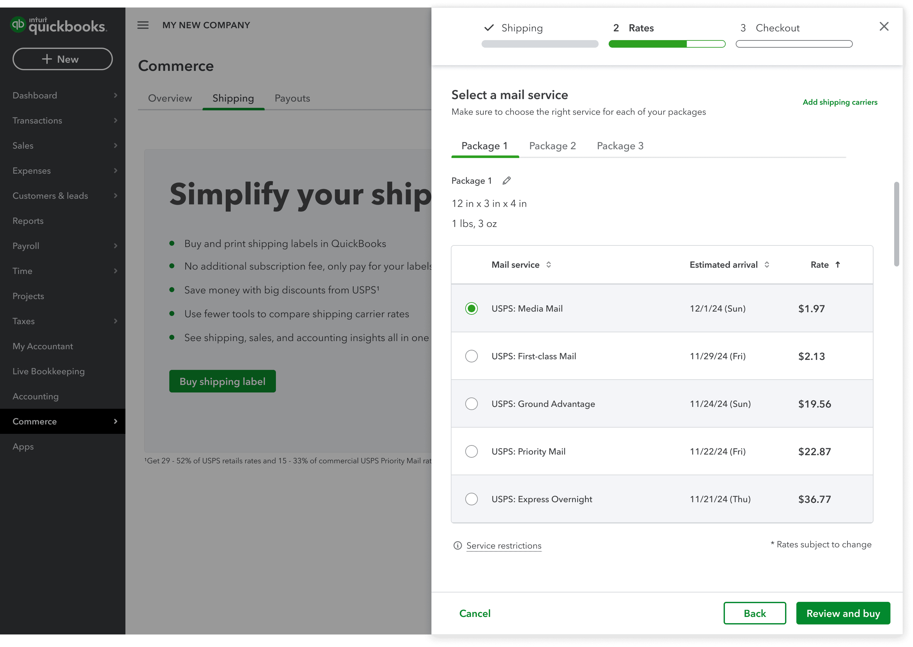 Selecting a mail service and comparing carrier rates