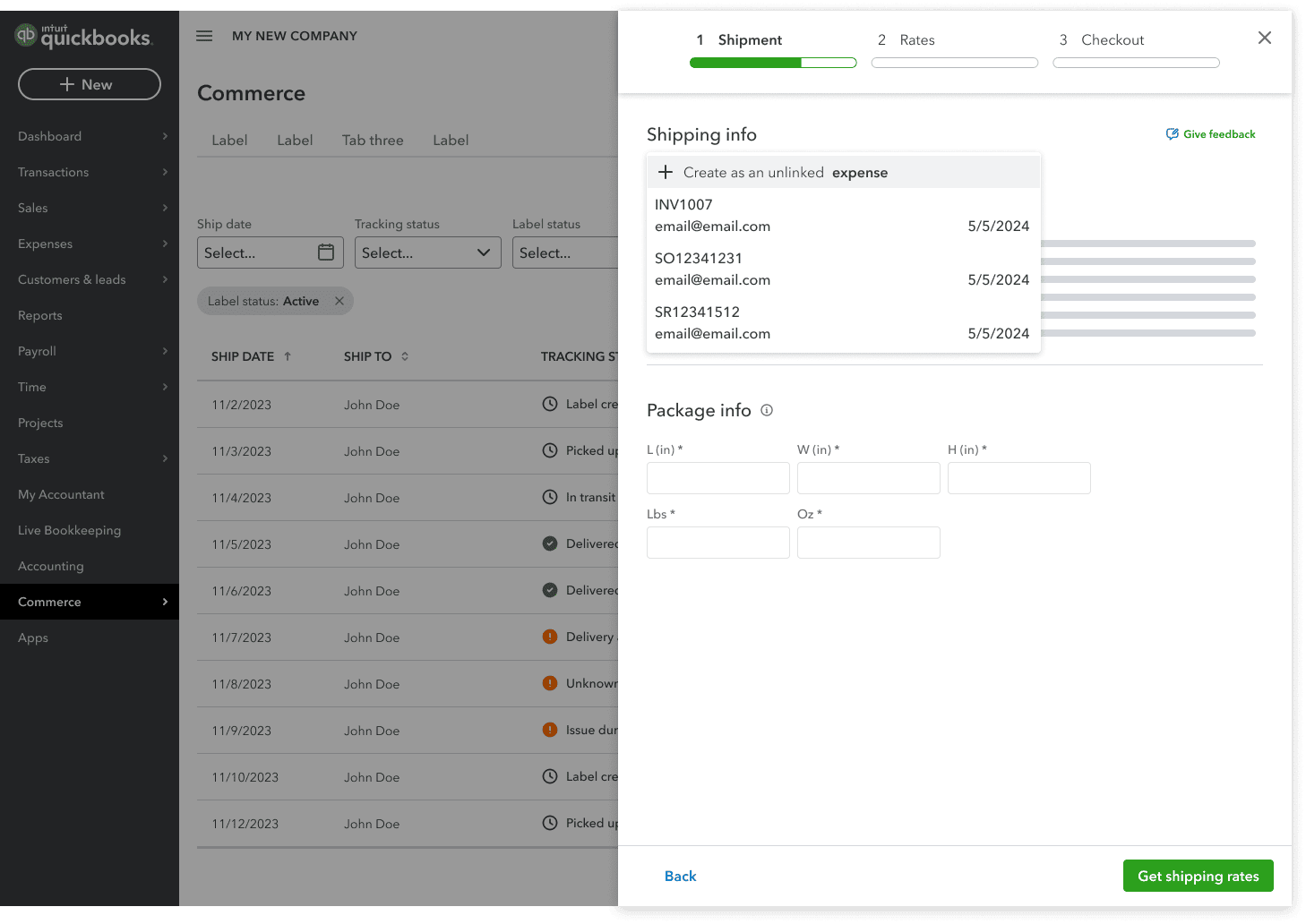 Shipment and package details before buying a label