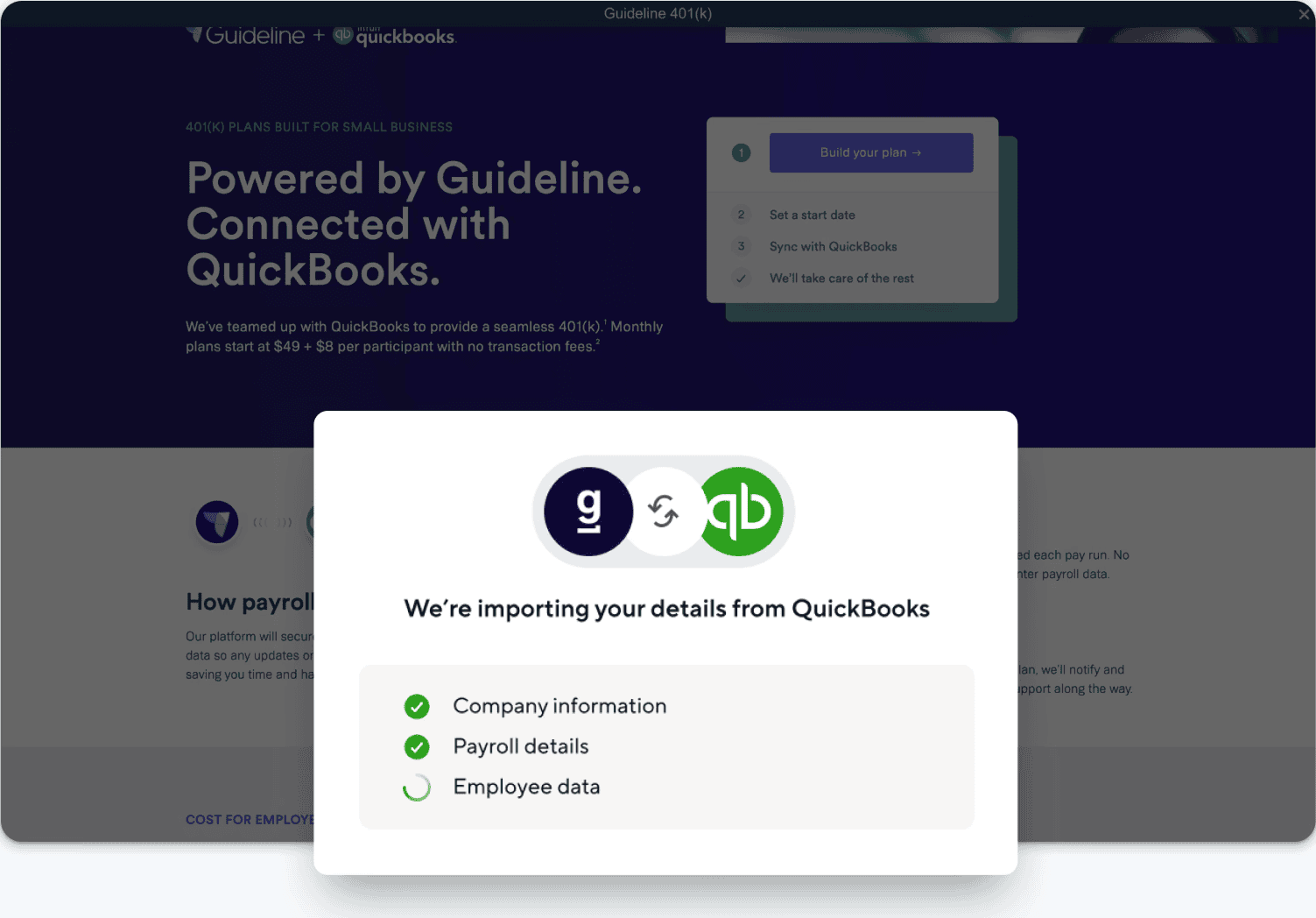Guideline 401(k) plan setup connected with QuickBooks, importing company information, payroll details and employee data